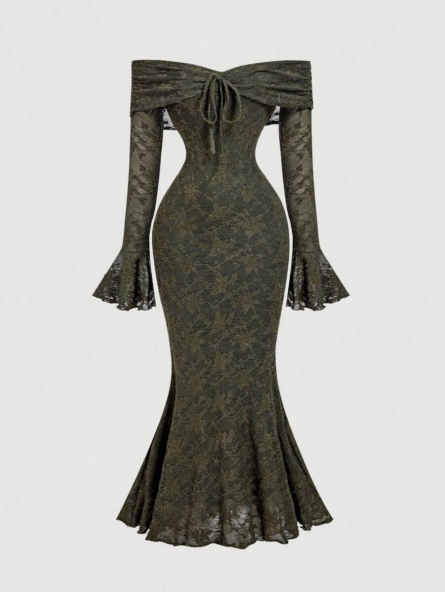 SHEIN MOD Rochie de seară pentru femei, cu mânecă lungă și legănată în față, cu umeri dezbrăcați, rochie de Revelion pentru femei, rochie de petrecere de Revelion, rochie de Ziua Îndrăgostiților - Verde Armată - Vizualizare 1