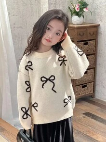 DAZY 女童圆领蝴蝶印花毛衣，秋装 - 米色 - 查看 5