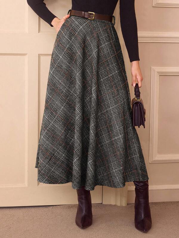 Vintamour Vintage Elegant Women High Waist Plaid Skirt With Pockets, Casual A-Line Flare Skirt