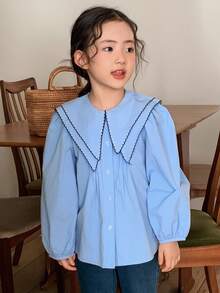 DAZY 年轻女孩拼色泡泡袖宽松休闲衬衫 - 藍色 - 查看 3
