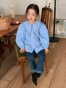 DAZY 年轻女孩拼色泡泡袖宽松休闲衬衫 - 藍色 - 查看 4