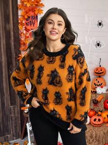 SHEIN LUNE 大码女款万圣节南瓜和猫咪图案圆领毛衣 - 彩色 - 查看 5