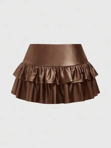 ROMWE PUNK Casual Versatile Ruffled Hem Mini Skirt For Women - Rust Brown - View 2