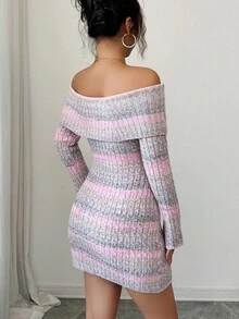 SHEIN Clasi Women's Off Shoulder Tie-Dye Striped Bodycon Mini Knit Dress - Purple - View 2