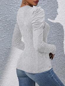 Chiquease Women's Solid Color Zipper Design Bubble Sleeve Fitted Fashion T-Shirt Fall Cloth For Women - Light Grey - View 2