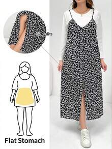 SHEIN Essnce Damen Lässig Set in Große Größen, Damen Zweiteiler, Langarm T-Shirt Oberteil + Trägerkleid, Zweiteiler, Herbstkleidung für Damen, Lässig Kleider für Damen im Herbst, Damenkleidung Lässig im Herbst, Herbstkleider für Damen, Herbstkleidung in Große Größen, Lässig Kleider - Weiss - Übersicht 1