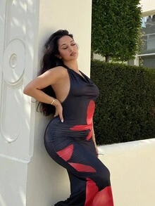 NegzBox 女式夏季针织围脖领印花连衣裙 - 黑色 - 查看 5