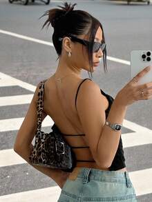 SHEIN EZwear 女士黑色针织露背背心 - 黑色 - 查看 8