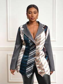 Slaydiva Bộ vest công sở trang trọng hàng ngày, thanh lịch, dễ mặc, dễ phối đồ, dáng rộng, tay dài, dáng rộng, họa tiết sọc, màu sắc cá tính, thiết kế thu đông 2025 dành cho phụ nữ ngoại cỡ - Nhiều màu - Xem 4