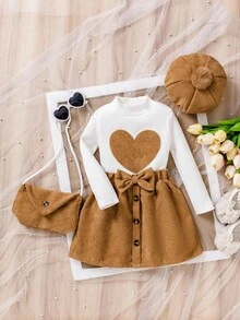 4 件套女童服装套装：白色高领罗纹长袖 T 恤，带有心形刺绣，棕色灯芯绒裙子，贝雷帽和包包，优雅大方，适合节日、圣诞节、日常穿着、学校