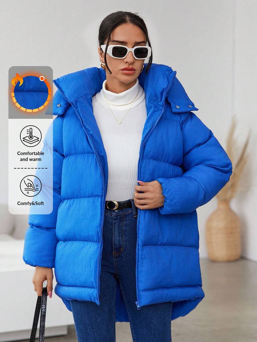 EURMUSE Zip Up Snap Button Hooded Puffer Coat - Blue - View 1