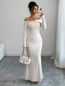 Elenzga 露肩扭纹设计优雅派对美人鱼修身针织女裙 - 杏色 - 查看 1