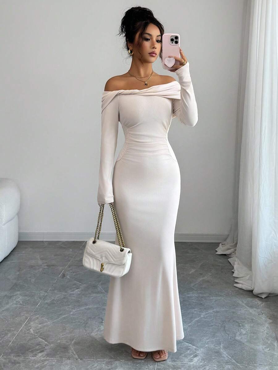 Elenzga 露肩扭纹设计优雅派对美人鱼修身针织女裙 - 杏色 - 查看 1