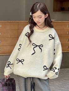 Hapijoa 青少年/女孩宽松休闲针织毛衣，带蝴蝶结，秋季甜美风格 - 杏色 - 查看 6