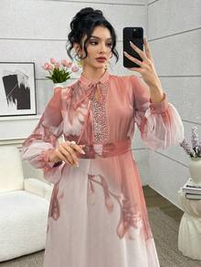 SHEIN Najma Elegant Romantic Floral Collar, Floral Lace Patchwork Hem With Wide Ruffle Trim, Women Loose Fashionable Young Romantic Vacation Style Dress Luxury Dress For Women Pink Chiffon Dress - Multicolor - View 5