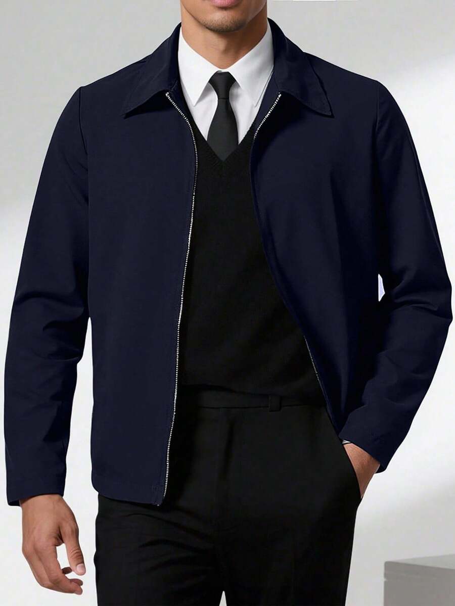 Manfinity Homme 男士纯色拉链休闲长袖外套，秋季款 - 藏蓝色 - 查看 1