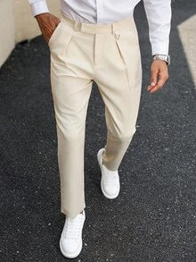 Manfinity Mode Men's Solid Color Pleated Pocket Casual Suit Pants, Boyfriend/Husband Gift, Anniversary Gift, Old Money