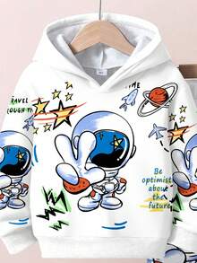 SHEIN 2 件套年轻男童休闲时尚经典时尚宇航员图案印花宽松套头连帽运动衫套装，适合秋冬季 - 彩色 - 查看 4