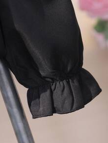 Sparklyn 女童衬衫，泡泡长袖，肩部珍珠装饰，可拆卸蝴蝶结装饰，宽松版型，活力风格，舒适面料，适合与背带裙搭配或作为内衣，春秋季 - 黑色 - 查看 7