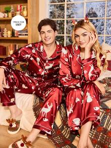 Manfinity 圣诞情侣图案印花仿丝绸睡衣套装，男士秋冬情侣睡衣套装，圣诞情侣睡衣 - 酒紅色 - 查看 1