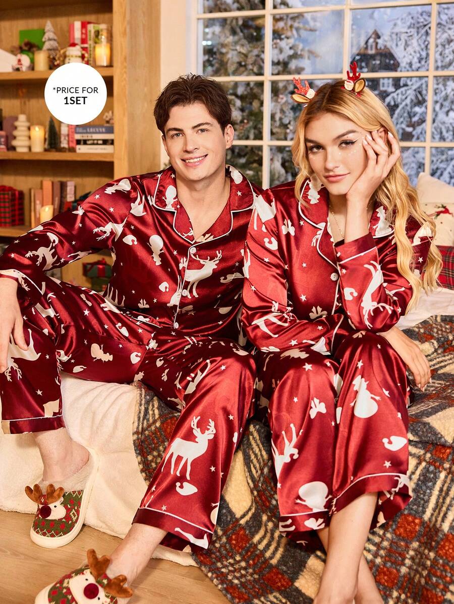 Manfinity 圣诞情侣图案印花仿丝绸睡衣套装，男士秋冬情侣睡衣套装，圣诞情侣睡衣 - 酒紅色 - 查看 1