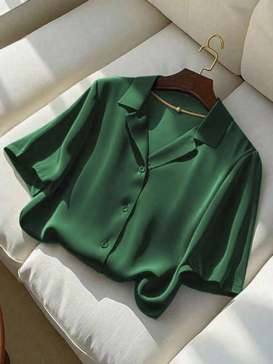 Franclia 女式休闲纯色绿色翻领短袖衬衫，夏季 - 綠色 - 查看 1