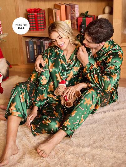 CoupledUp Green Gingerbread Man Print Faux Silk Men's Couple Trim Long Sleeve Top & Pants Pajama Set, Fall Winter Clothes, For Christmas