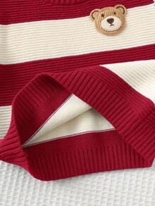 Cozy Pixies Baby Boy Cartoon Bear Striped Pattern Crew Neck Long Sleeve Sweater Fall Winter