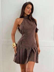 Aloruh Damen Herbst/Winter neue Mode Mini Neckholder Kleid, plissiertes Kleid, braun gestreiftes Preppy Y2K Stil Kleid - Braun - Übersicht 5