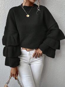 EMERY ROSE Women's Solid Color Round Neck Flare Sleeve Loose Casual Sweater, Autumn - Black - View 3