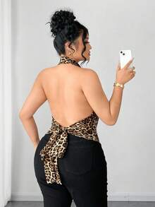 Elenzga Plus Size Women Elegant Party Sexy Halter Plunging Neck Leopard Print Camisole - Multicolor - View 2