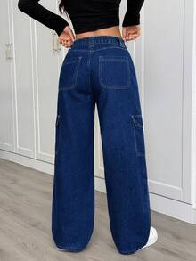 SHEIN PETITE Casual Washed Straight Leg Denim Jeans - Dark Wash - View 4