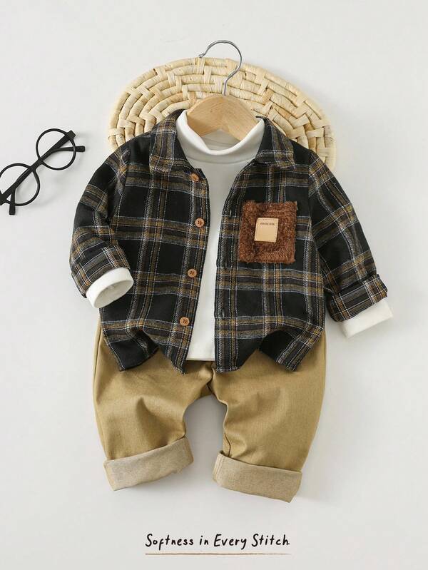 Cozy Pixies 男宝宝字母装饰格子领长袖衬衫和松紧腰裤两件套 男宝宝格子套装 男宝宝秋季套装 男宝宝绅士套装 男宝宝休闲套装 男宝宝格子衬衫套装 冬季套装