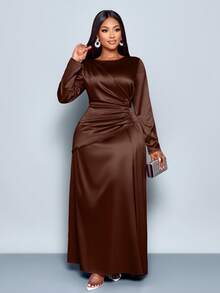 SOLERSUN Women's Elegant Solid Color Ruched Side Satin Bodycon Dress,Suitable For Dating Party Maxi Women Outfit