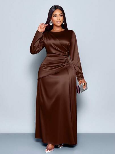 SOLERSUN Women's Elegant Solid Color Ruched Side Satin Bodycon Dress,Suitable For Dating Party Maxi Women Outfit