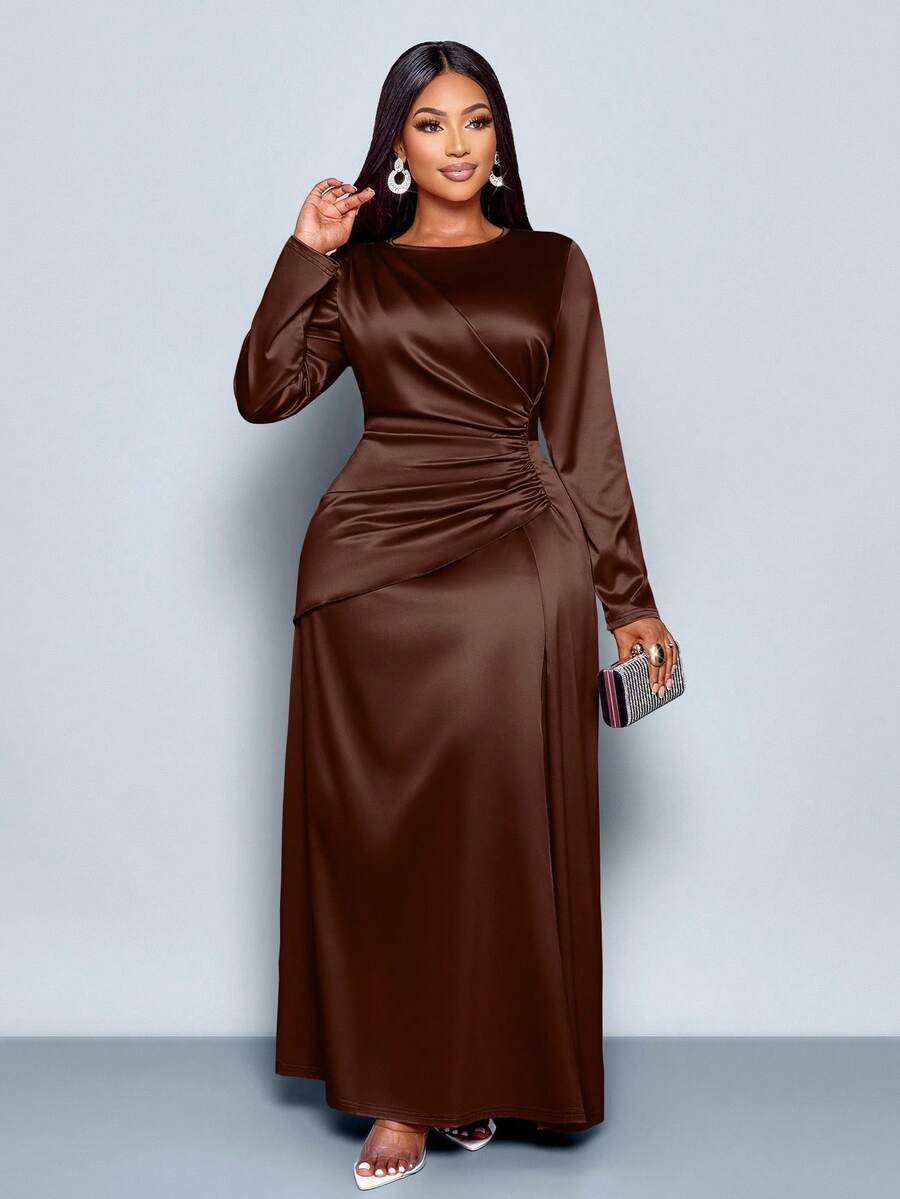 SOLERSUN Women's Elegant Solid Color Ruched Side Satin Bodycon Dress,Suitable For Dating Party Maxi Women Outfit