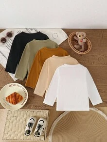 SHEIN Vintaside Kids 5 件套幼儿男童休闲纯色圆领长袖 T 恤，舒适百搭运动风格，适合日常穿着，春秋季 - 彩色 - 查看 2