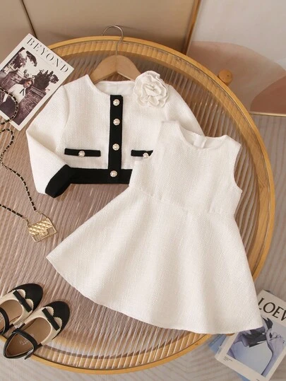 SHEIN Baby Girl Cute & Elegant Color Block Tweed Sleeveless Dress Set Fall Winter