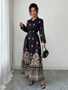 Elenzga Vestido camisero largo estampado para mujer, otoño