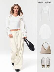 GLOWMODE 华夫格拉绒阔腿松紧腰运动裤休闲日常穿着保暖冬季 - 米色 - 查看 6