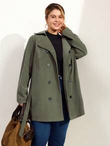 Momelise 大码女式束腰中长款风衣，户外秋冬夹克 - 軍綠色 - 查看 3