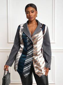 Slaydiva Bộ vest công sở trang trọng hàng ngày, thanh lịch, dễ mặc, dễ phối đồ, dáng rộng, tay dài, dáng rộng, họa tiết sọc, màu sắc cá tính, thiết kế thu đông 2025 dành cho phụ nữ ngoại cỡ - Nhiều màu - Xem 6