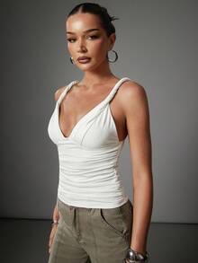 Hauture Women's Sexy Casual Twisted Shoulder With Low Back Design Going Out Basic Top - White - View 4