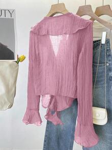INAWLY French V-Neck Pleated Ruffle Tie Blouse - Pink - View 2