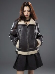 Bloopia Retro American Style Women's Autumn/Winter Halloween New Faux Fur Distressed Texture Composite Material Fashion Classic Versatile Women Jacket Coat - Black - View 3