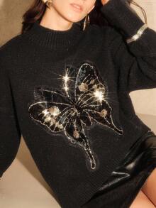 Anewsta Suéter oversize de mujer de alta gama con mariposa de lentejuelas, jersey de cuello alto de punto a la moda para otoño/invierno, elegante, chic, estiloso, adecuado para Navidad, Año Nuevo, salir - Negro - Ver 3