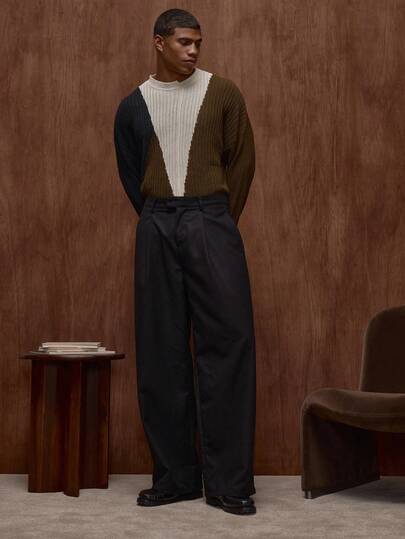 Musero 男士宽松双褶修身西裤，钩扣设计，适合秋冬/春夏穿着。