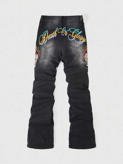 Street Life Jeans évasés décontractés à plis avec motif de flamme pour hommes