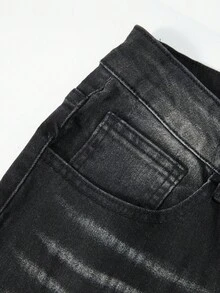 ROMWE MEN Street Life Herren Jeans mit Flammen Muster, Tasche, Falten und weitem Bein - Schwarz - Übersicht 5