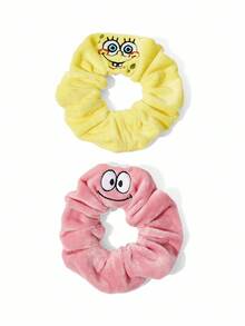 SpongeBob SquarePants | SHEIN 2Pcs Cute Embroidered Short Plush Hair Scrunchies Cartoon Large Intestine Hair Bands Elastic Hair Ties Hair Accessories For Everyday, Casual Suitable For Daily Styling High Ponytails In Yellow And Pink Patrick